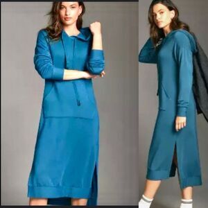 Stateside Teal Softest Fleece Hooded Midi Dress Kangaroo Pocket